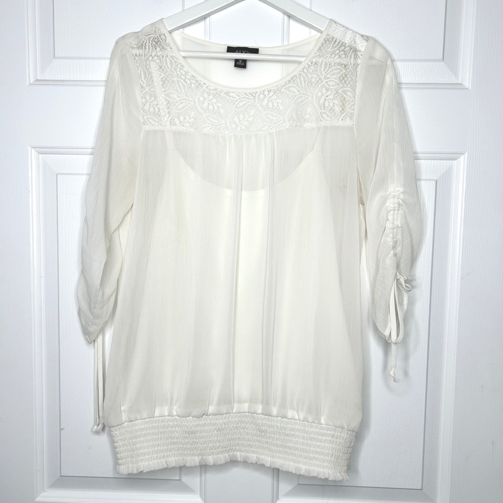 ALYX Blouse Sheer Lace Detail 3/4 Sleeve‎ Tie Cuff Smocked Waist Medium